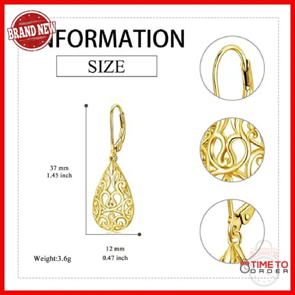 Sterling Silver Teardrop Dangle Earrings Filigree Leverback Hypoallergenic